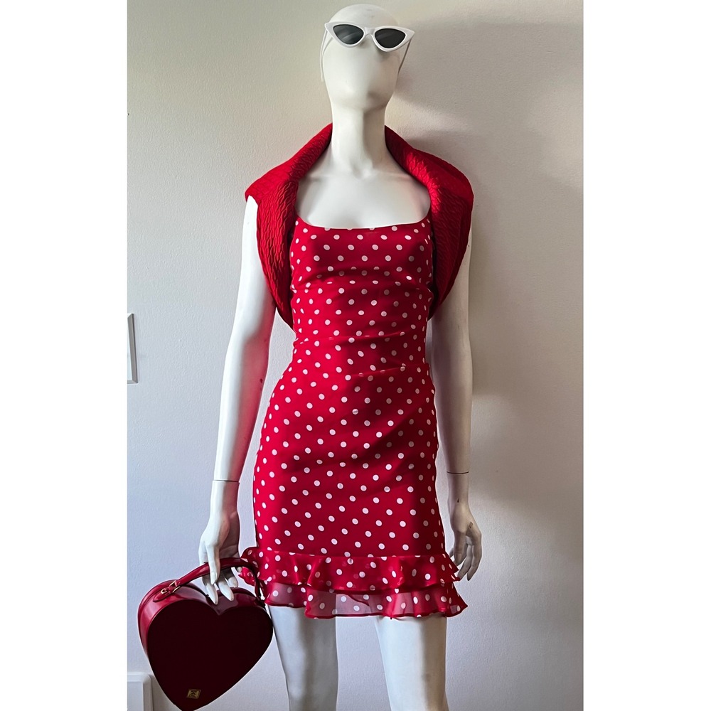 VTG Laundry Shelli Segal Cherry Red Polka Dot Y2K Mini Slip Dress Sz 2 Pinup